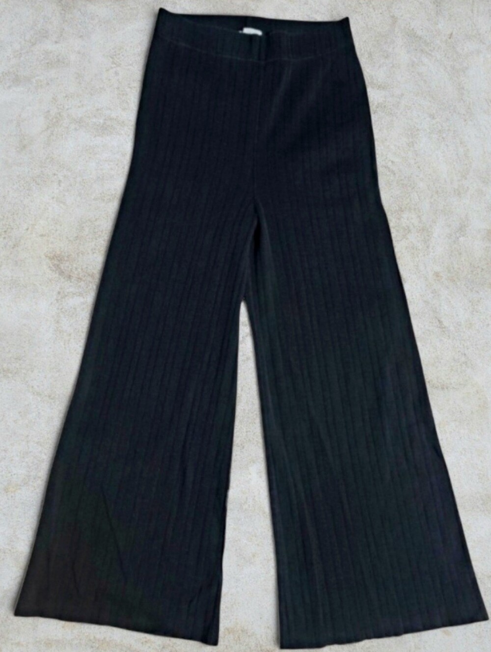 💣 SM Ribbed Knit Lettuce Hem Wide Leg Black Pants Wray NYC Sabrina